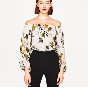 Zara Floral Balloon Sleeve Off-Shoulder Bodysuit Top